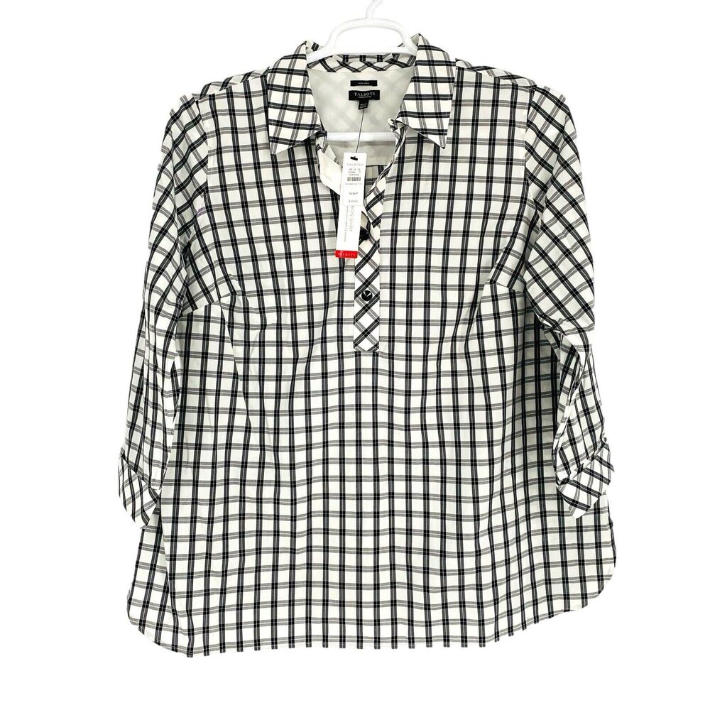 Talbots Women's Blouse Plus Size 16W Plaid Black Pullover 1/4 Button Long Sleeve - Picture 3 of 14